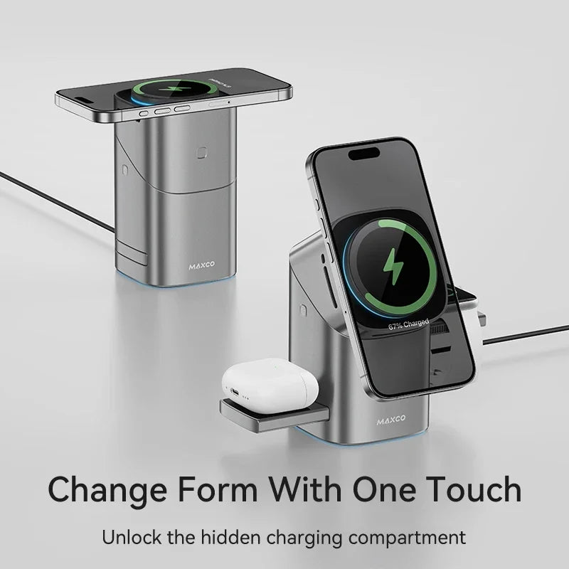 Qi2 Auto-Rotate Touch Magnetic 3-in-1 Wireless Charger with 15W Fast Charging for iPhone 12/13/14/15/16, Apple Watch, and AirPods