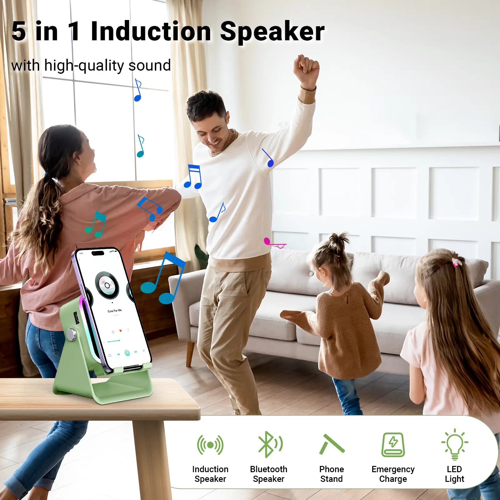 PUTARE Wireless Induction Audio Speaker Stand - 5-in-1 Cellphone Holder with 3500mAh Rechargeable Power Bank, 360° Adjustable Mobile Tablet Stand and Colorful Ambient Light - Ideal Gift for Men and Women