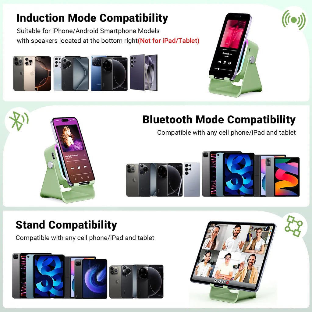 PUTARE Wireless Induction Audio Speaker Stand - 5-in-1 Cellphone Holder with 3500mAh Rechargeable Power Bank, 360° Adjustable Mobile Tablet Stand and Colorful Ambient Light - Ideal Gift for Men and Women