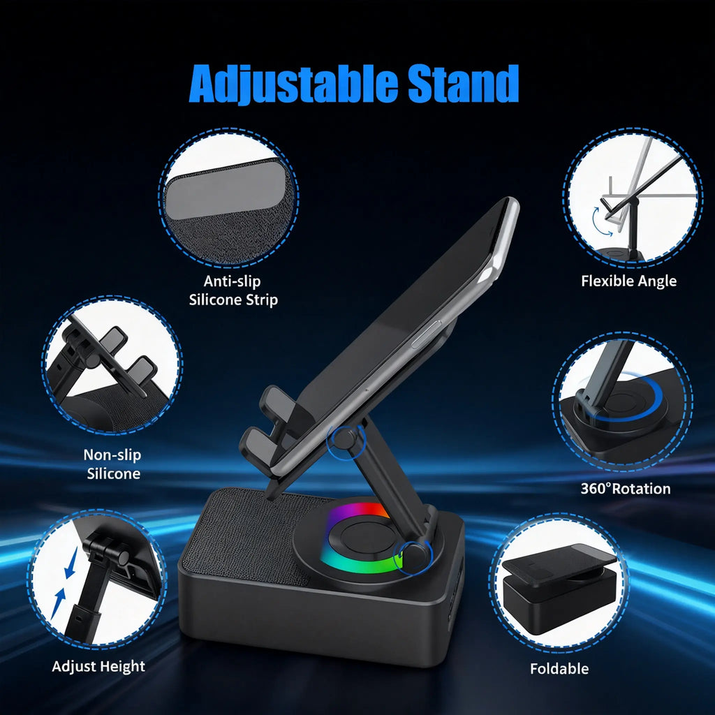 5-in-1 Multifunctional Bluetooth Speaker and Phone Holder with Colorful LED Lighting, Foldable Portable Charger for iOS and Android Smartphones, Ideal Gift Option