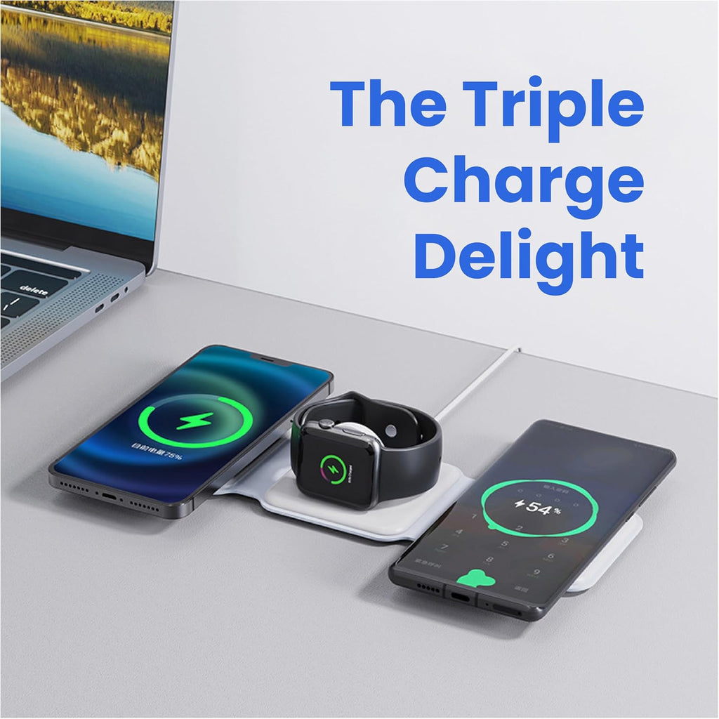 3-in-1 Foldable Magnetic Wireless Fast Charger - Travel Charging Pad for iPhone 12-16 Series, Samsung Galaxy, Huawei, Apple Watch, AirPods, and Other Qi-Compatible Devices