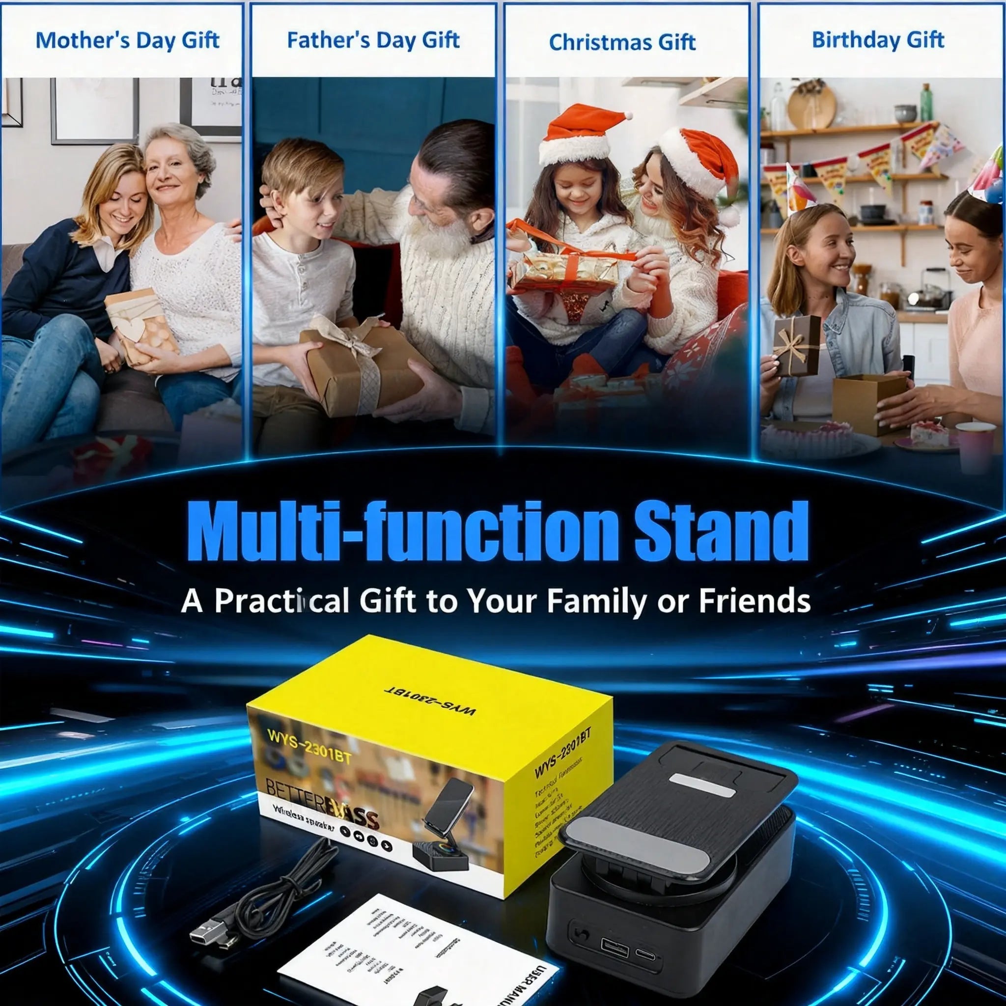 5-in-1 Multifunctional Bluetooth Speaker and Phone Holder with Colorful LED Lighting, Foldable Portable Charger for iOS and Android Smartphones, Ideal Gift Option