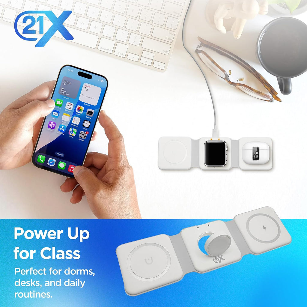 3-in-1 Foldable Magnetic Wireless Fast Charger - Travel Charging Pad for iPhone 12-16 Series, Samsung Galaxy, Huawei, Apple Watch, AirPods, and Other Qi-Compatible Devices
