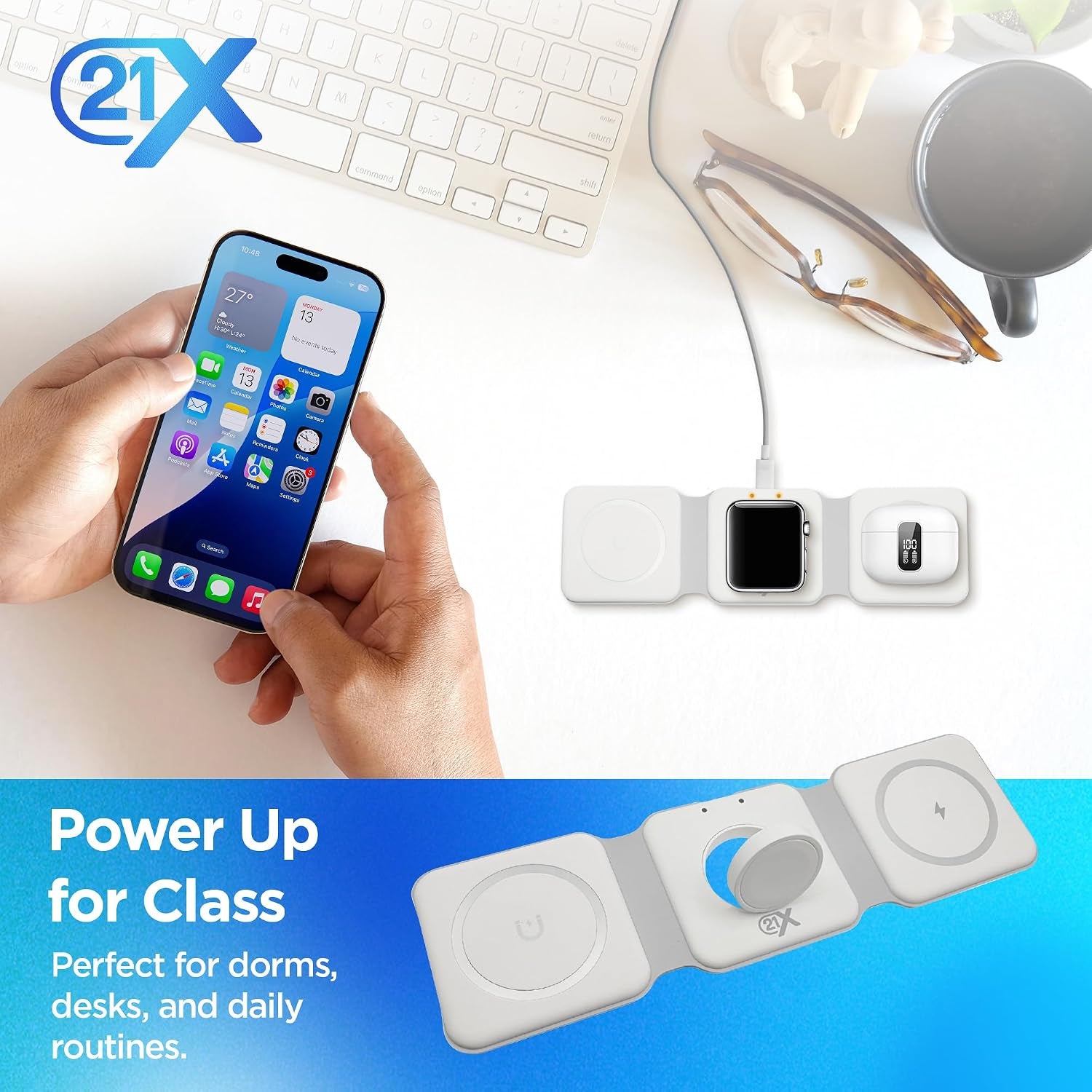 3-in-1 Foldable Magnetic Wireless Fast Charger - Travel Charging Pad for iPhone 12-16 Series, Samsung Galaxy, Huawei, Apple Watch, AirPods, and Other Qi-Compatible Devices