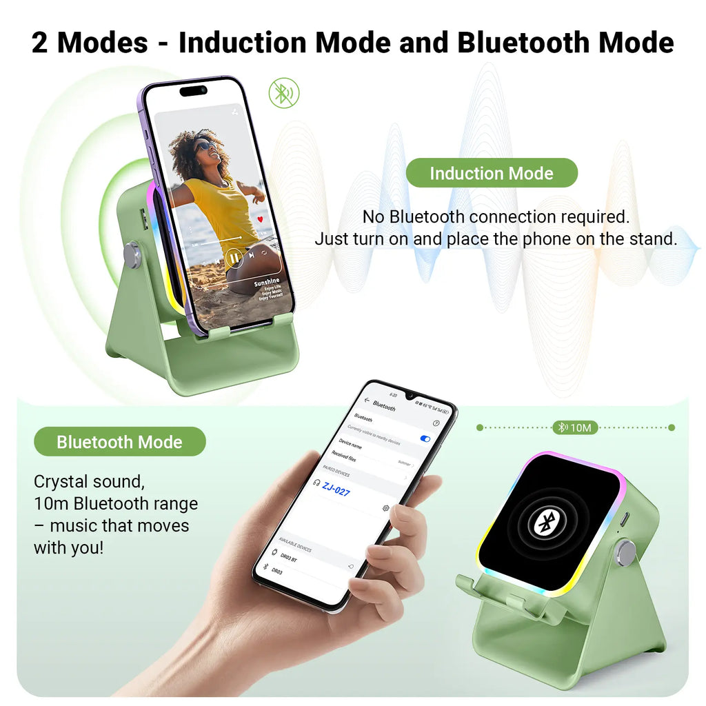 PUTARE Wireless Induction Audio Speaker Stand - 5-in-1 Cellphone Holder with 3500mAh Rechargeable Power Bank, 360° Adjustable Mobile Tablet Stand and Colorful Ambient Light - Ideal Gift for Men and Women