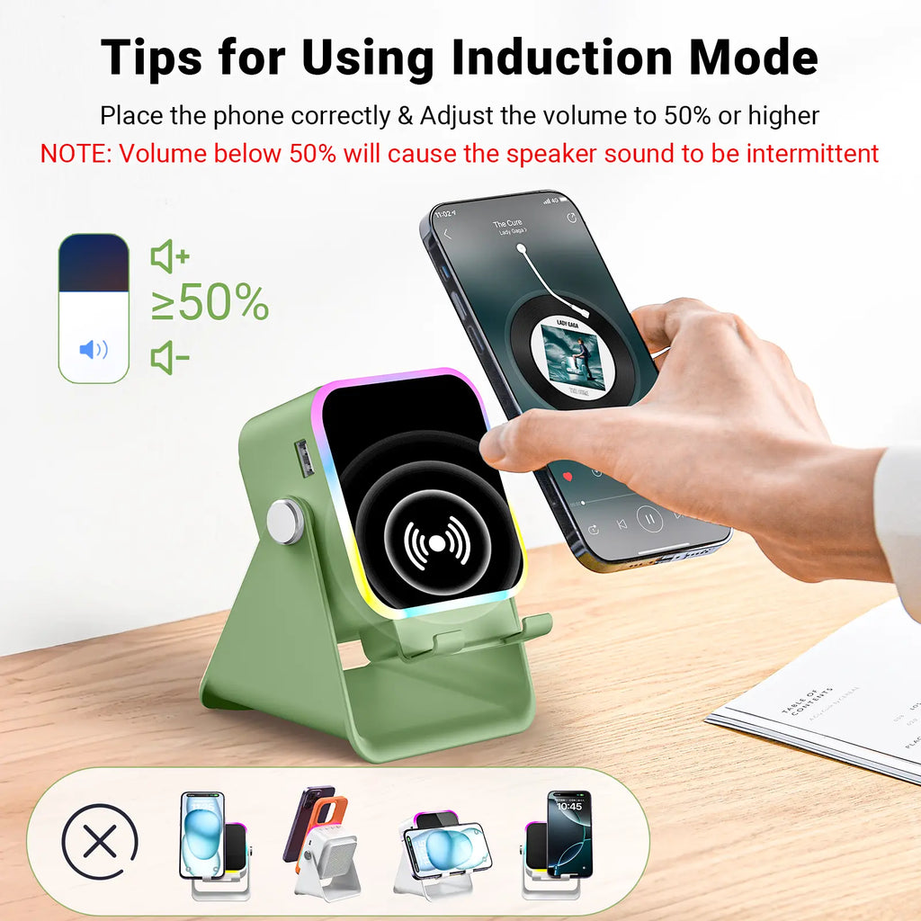PUTARE Wireless Induction Audio Speaker Stand - 5-in-1 Cellphone Holder with 3500mAh Rechargeable Power Bank, 360° Adjustable Mobile Tablet Stand and Colorful Ambient Light - Ideal Gift for Men and Women