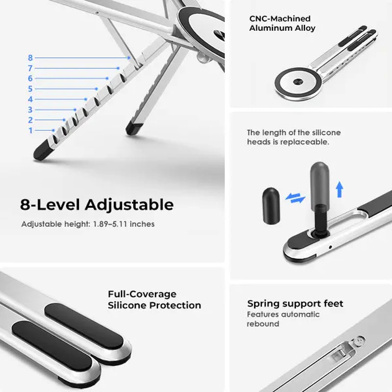 Viozon Adjustable Portable Laptop Stand with Magnetic Phone Holder - Foldable Aluminum Riser for 10-16” Laptops and 4-13” Phones/Tablets (Silver)