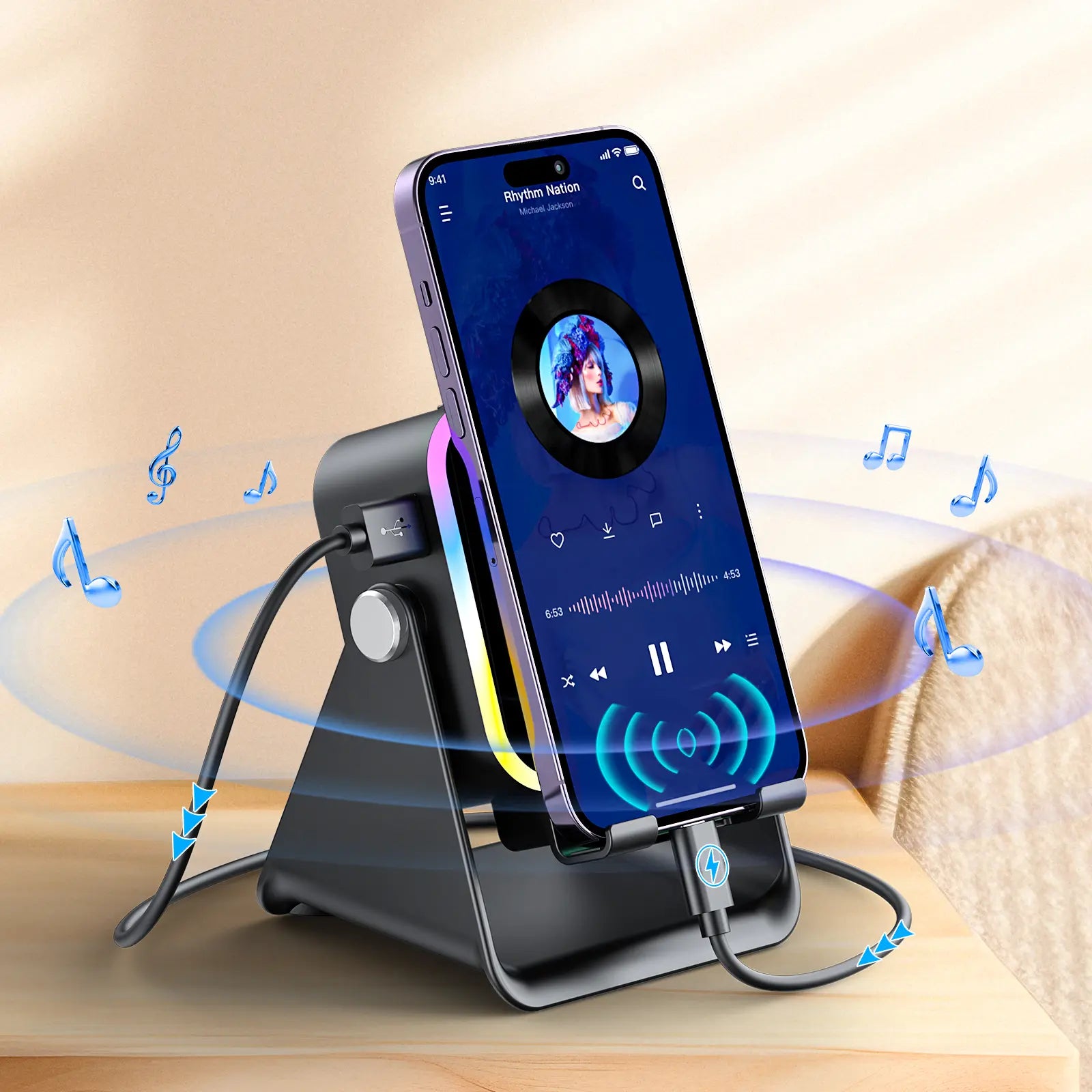 PUTARE Wireless Induction Audio Speaker Stand - 5-in-1 Cellphone Holder with 3500mAh Rechargeable Power Bank, 360° Adjustable Mobile Tablet Stand and Colorful Ambient Light - Ideal Gift for Men and Women
