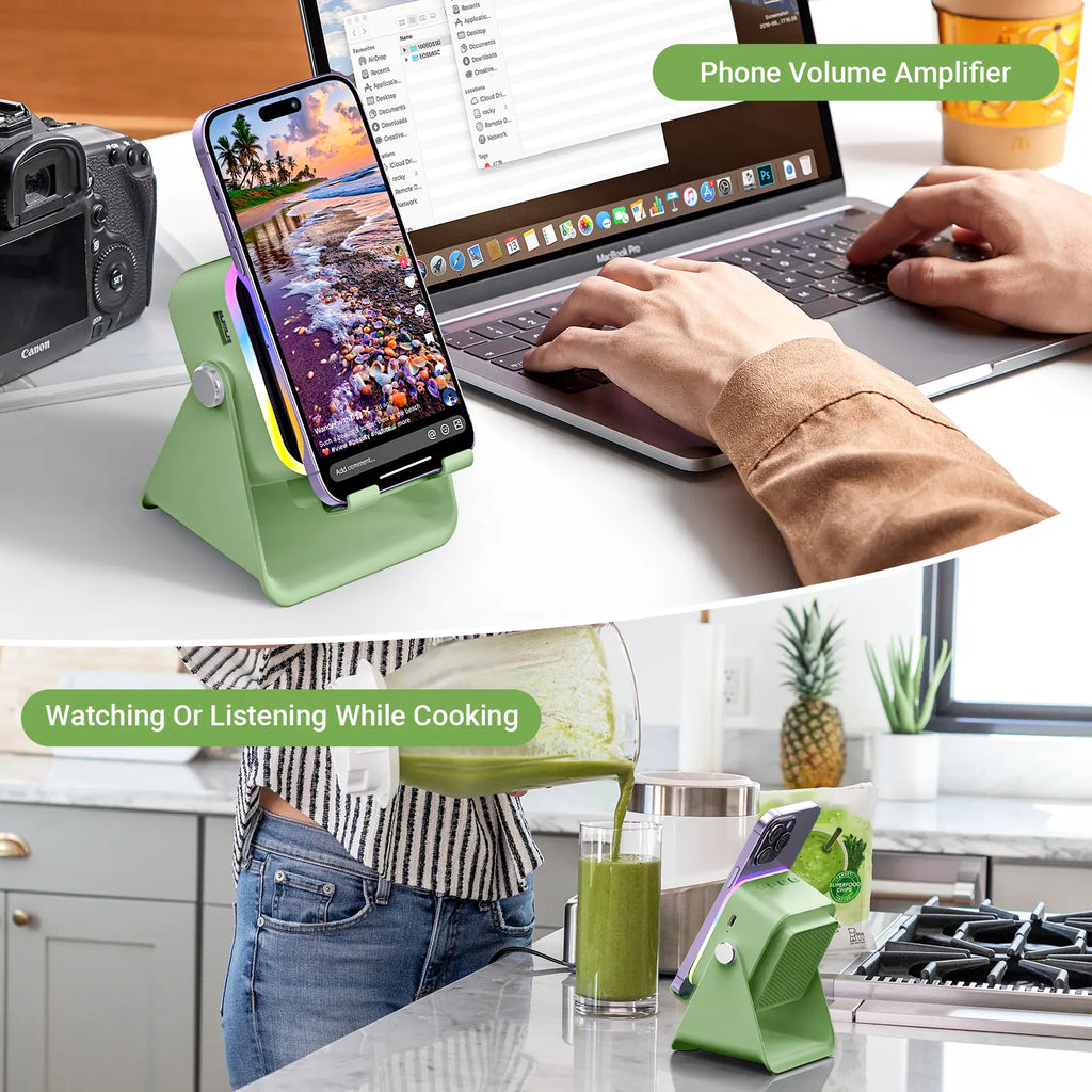 PUTARE Wireless Induction Audio Speaker Stand - 5-in-1 Cellphone Holder with 3500mAh Rechargeable Power Bank, 360° Adjustable Mobile Tablet Stand and Colorful Ambient Light - Ideal Gift for Men and Women