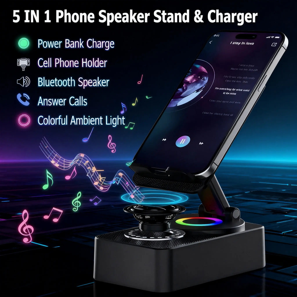 5-in-1 Multifunctional Bluetooth Speaker and Phone Holder with Colorful LED Lighting, Foldable Portable Charger for iOS and Android Smartphones, Ideal Gift Option