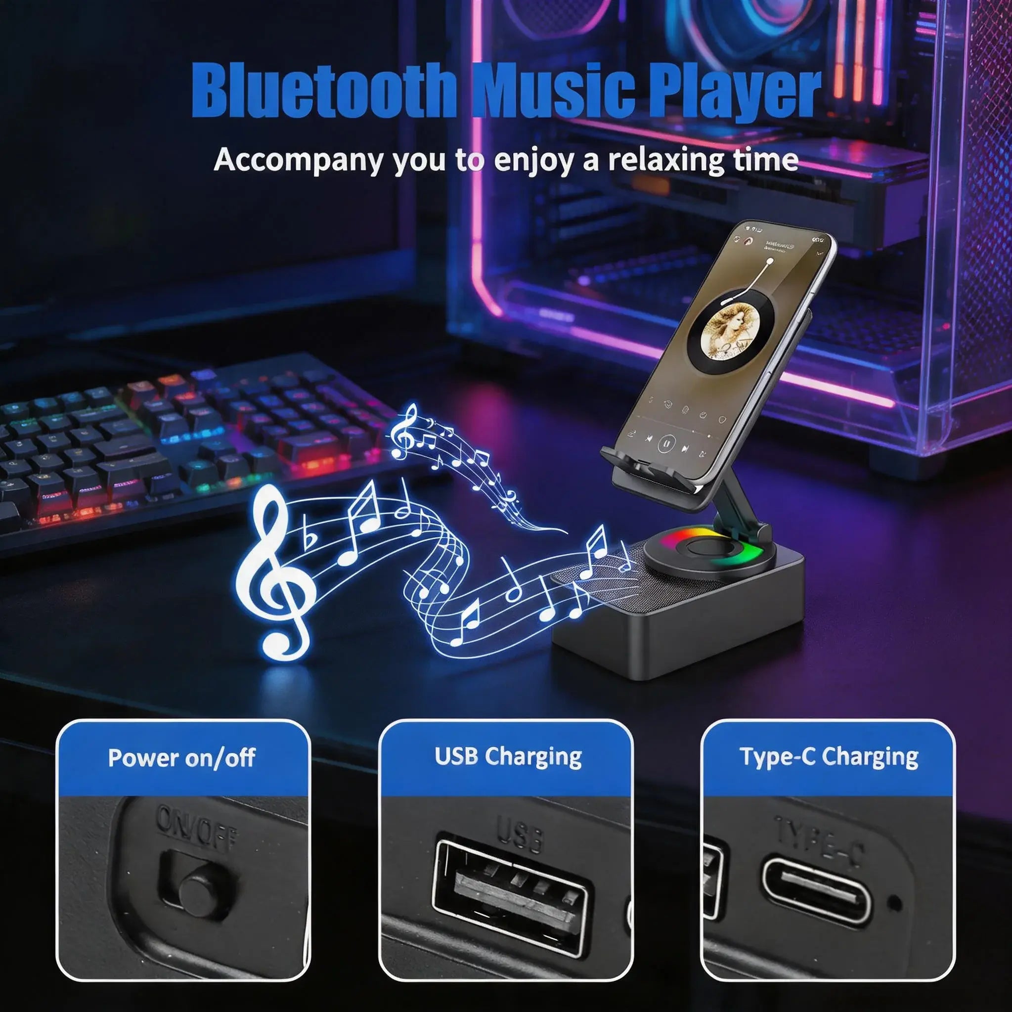 5-in-1 Multifunctional Bluetooth Speaker and Phone Holder with Colorful LED Lighting, Foldable Portable Charger for iOS and Android Smartphones, Ideal Gift Option