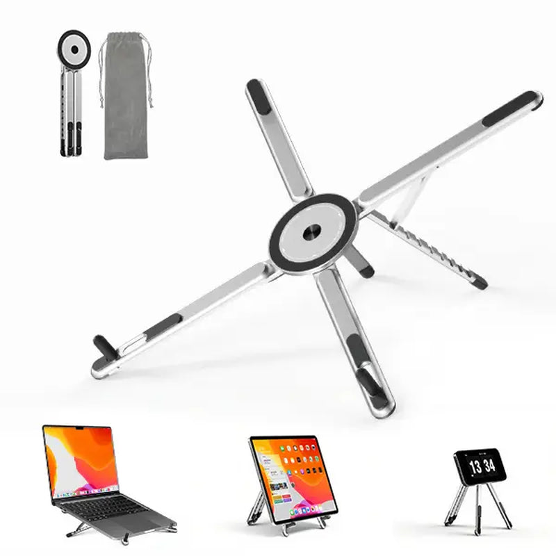 Viozon Adjustable Portable Laptop Stand with Magnetic Phone Holder - Foldable Aluminum Riser for 10-16” Laptops and 4-13” Phones/Tablets (Silver)