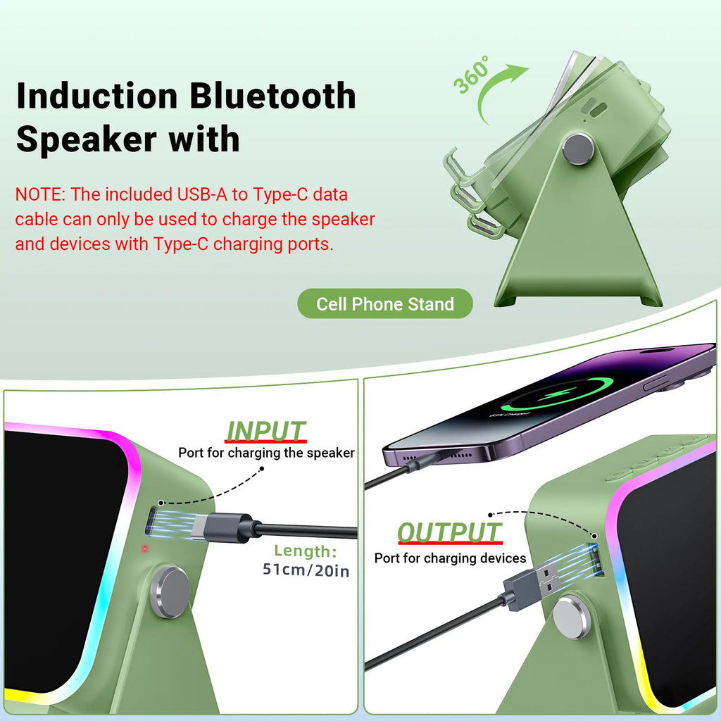 PUTARE Wireless Induction Audio Speaker Stand - 5-in-1 Cellphone Holder with 3500mAh Rechargeable Power Bank, 360° Adjustable Mobile Tablet Stand and Colorful Ambient Light - Ideal Gift for Men and Women