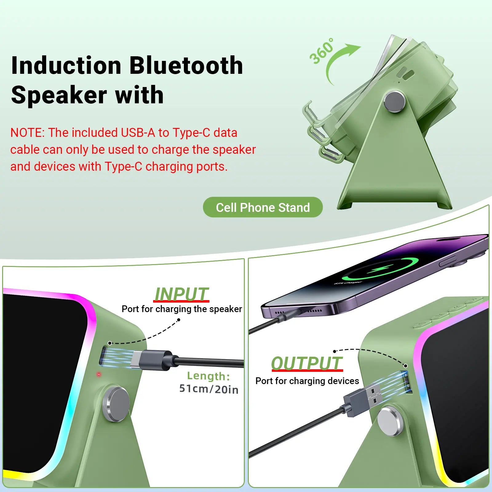 PUTARE Wireless Induction Audio Speaker Stand - 5-in-1 Cellphone Holder with 3500mAh Rechargeable Power Bank, 360° Adjustable Mobile Tablet Stand and Colorful Ambient Light - Ideal Gift for Men and Women