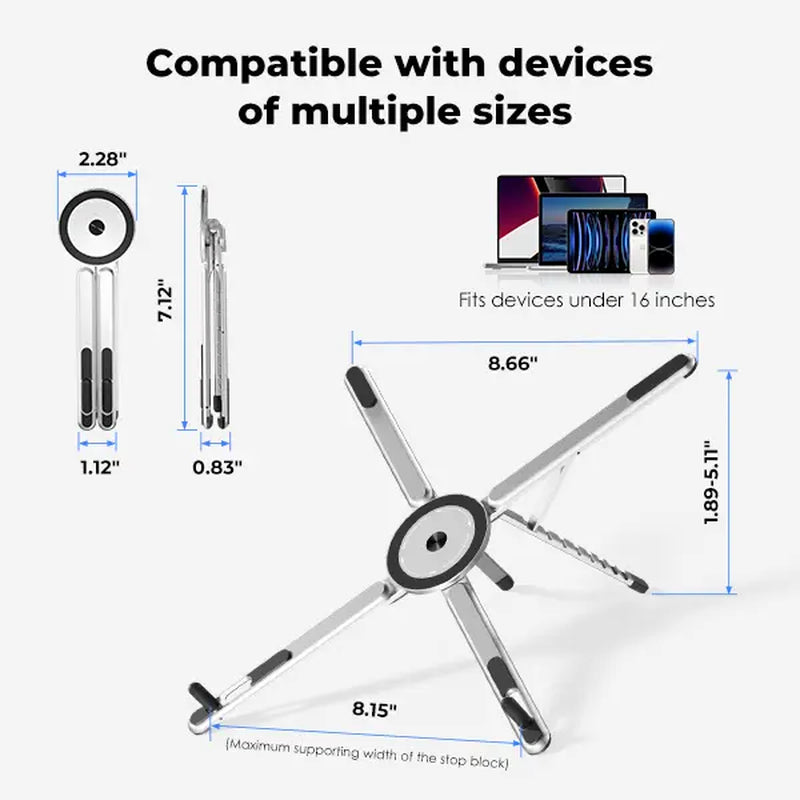 Viozon Adjustable Portable Laptop Stand with Magnetic Phone Holder - Foldable Aluminum Riser for 10-16” Laptops and 4-13” Phones/Tablets (Silver)